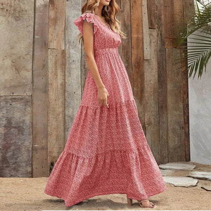 Boho-Kleid mit V-Ausschnitt, floralem Muster und kurzen Ärmeln | Ideal für den Sommer