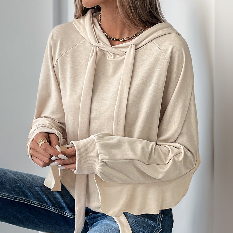 Damen Frühlings-Hoodie-Pullover mit Rüschenbesatz und Kapuze mit Kordelzug