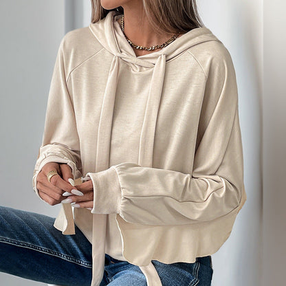 Damen Frühlings-Hoodie-Pullover mit Rüschenbesatz und Kapuze mit Kordelzug