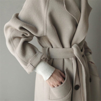 Mittellanger Damen-Wollmantel mit Gürtel | Beidseitig tragbar | Ideal für Herbst & Winter