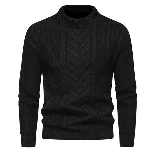 Schwarzer Herrenpullover mit Zopfmuster, Rundhalsausschnitt und langen Ärmeln. Stilvoller Strickpullover für Herbst und Wintermode.