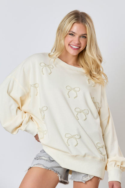 Damen Herbst-Sweatshirt mit Langarm, Pullover-Design, Schleifendeko und Perlendetails
