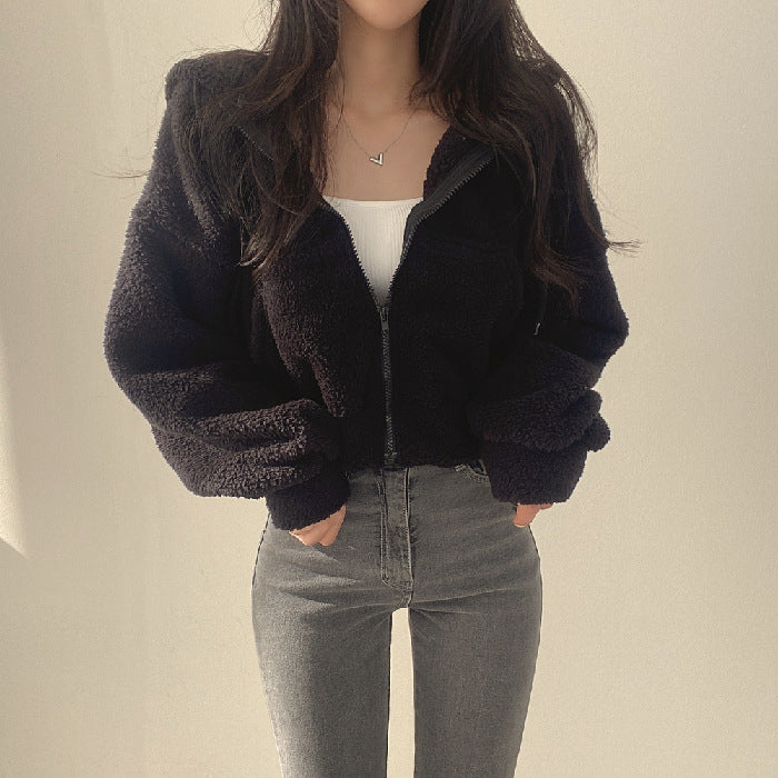 Damen Herbst Kapuzenpullover Lockere Passform Lammstruktur Langarm