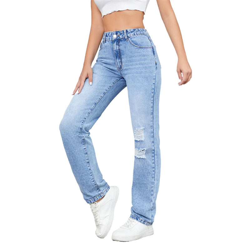 Damen-Jeans mit geradem Bein lockerem Schnitt hoher Taille und Ripped-Details