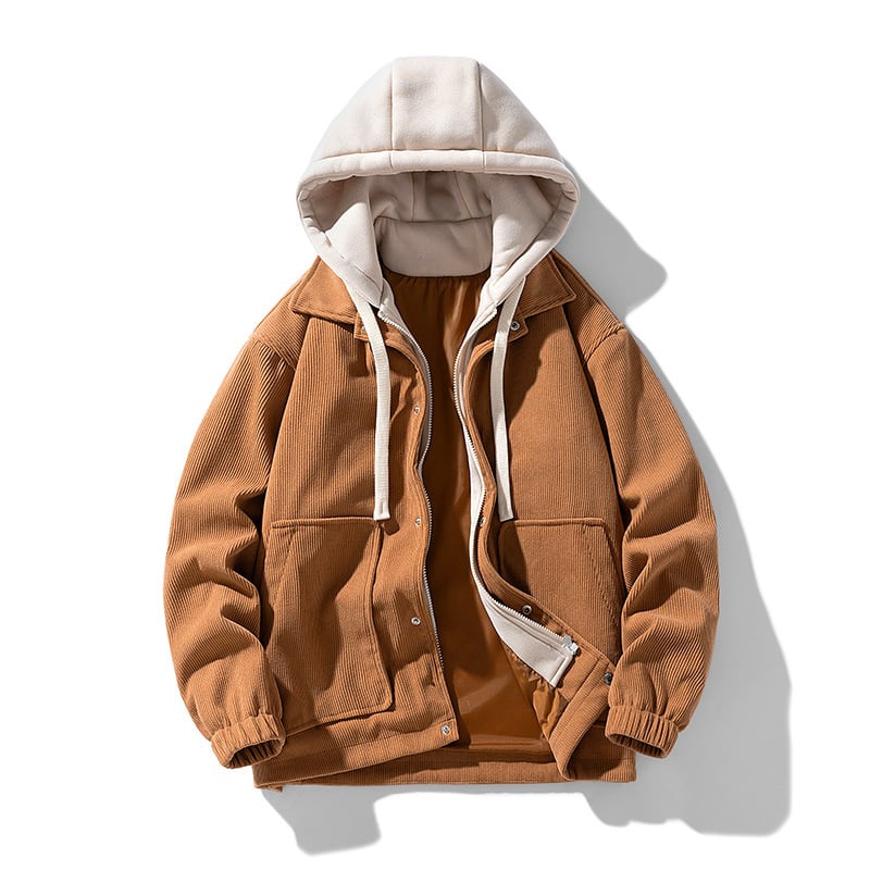 Braune Cordjacke mit Kapuze, Reißverschluss und Druckknöpfen, ideal für Herbstmode. Herrenbekleidung, lässiger Stil, warme Oberbekleidung.