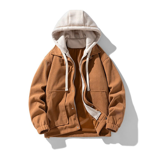 Braune Cordjacke mit Kapuze, Reißverschluss und Druckknöpfen, ideal für Herbstmode. Herrenbekleidung, lässiger Stil, warme Oberbekleidung.