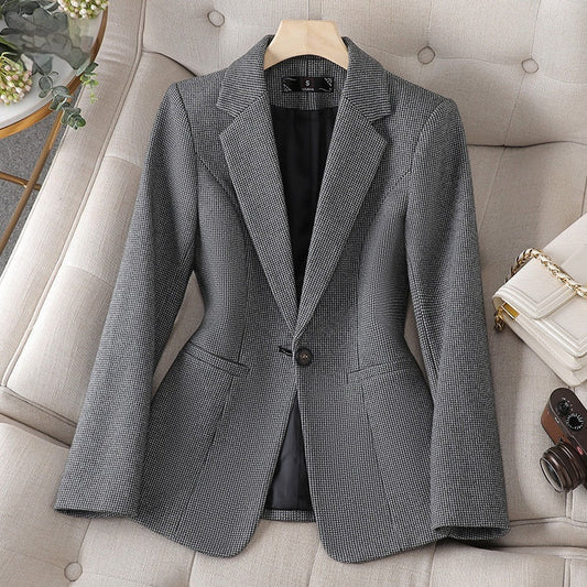 Damen-Hahnentritt-Blazer mit langen Ärmeln und Knopfverschluss | Ideal für Herbst und Winter