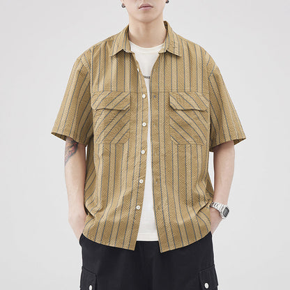 Herren Seersucker Gestreifte Textur Kurzarm-Cardigan – Ideal für den Sommer
