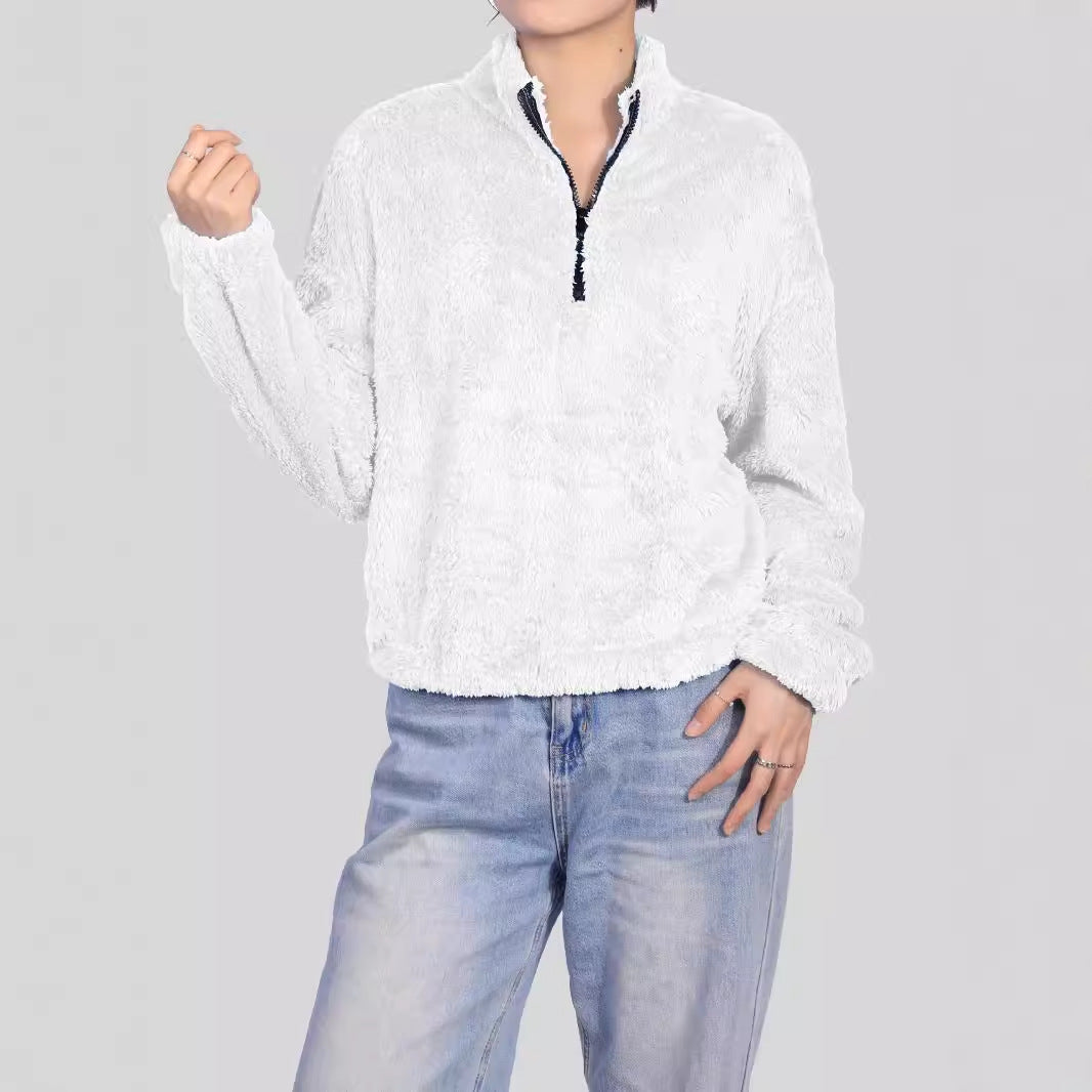 Damen Herbst-Zipper-Pullover mit halbem Stehkragen und langen Ärmeln