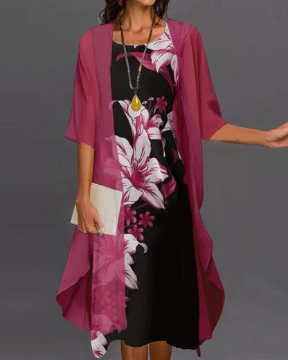 Zweiteiliges Blumenprint-Kleid mit asymmetrischem Saum & halblangen Ärmeln | Perfekt für Frühling & Sommer
