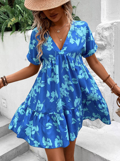 Bedrucktes Smock-Kleid mit Fledermausärmeln & Rüschen-Saum | Perfekt für Frühling & Sommer