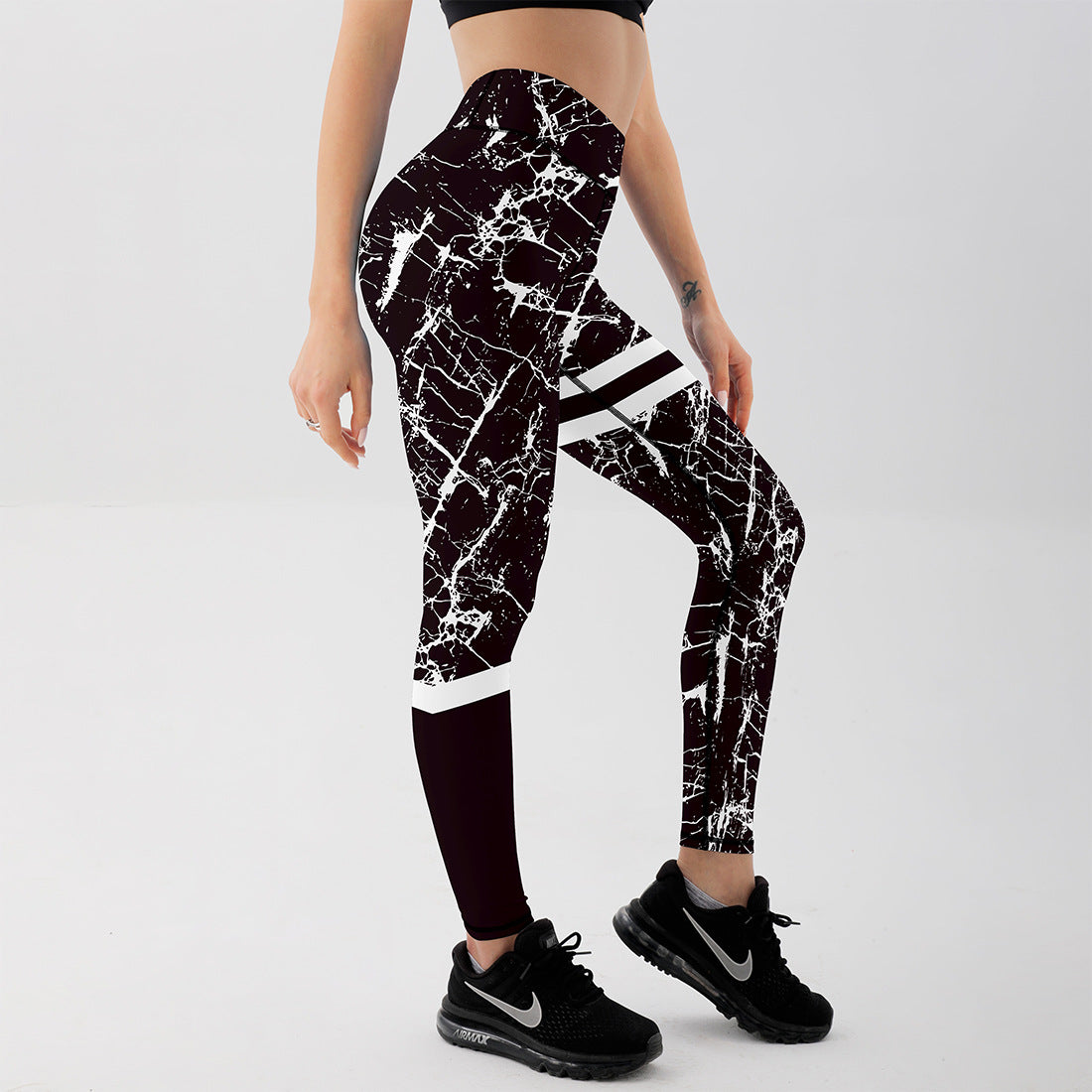Damen-Leggings mit hoher Taille Stretch-Passform und schwarzem-weißem Marmorprint