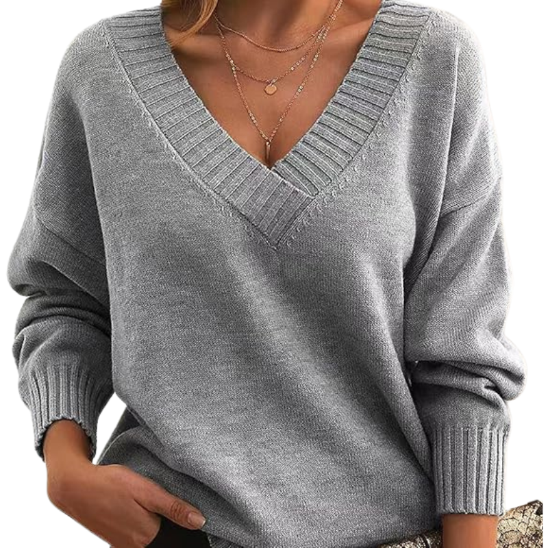 Damen Winterpullover mit V-Ausschnitt, einfarbig und langen Ärmeln
