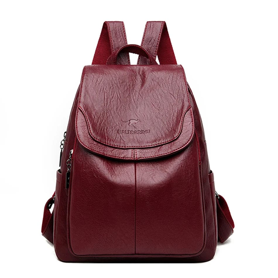 Damen Rucksack aus rotem Leder, modisch und elegant, mit Reißverschlusstaschen, ideal für Schule, Reisen und Alltag.