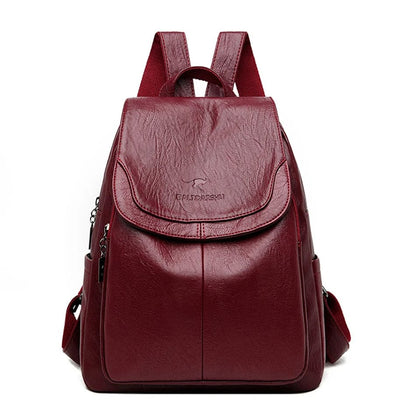 Damen Rucksack aus rotem Leder, modisch und elegant, mit Reißverschlusstaschen, ideal für Schule, Reisen und Alltag.