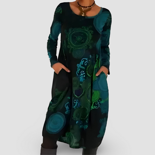 Lockeres Kleid mit langen Ärmeln, künstlerischem Muster und Taschen | Ideal für Herbst und Winter