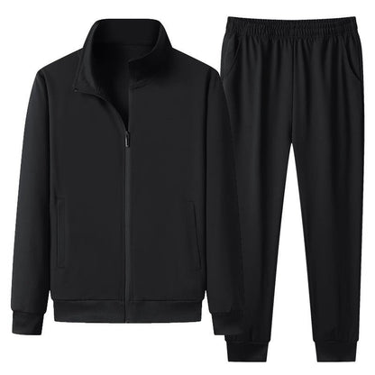 Schwarzer Trainingsanzug für Herren, bestehend aus Jacke mit Reißverschluss und Jogginghose. Sportbekleidung, bequem, modern, vielseitig einsetzbar.