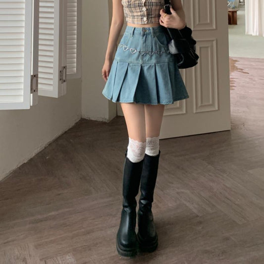 Damen Frühjahrs-Minirock mit hohem Bund und Falten-Design aus Denim