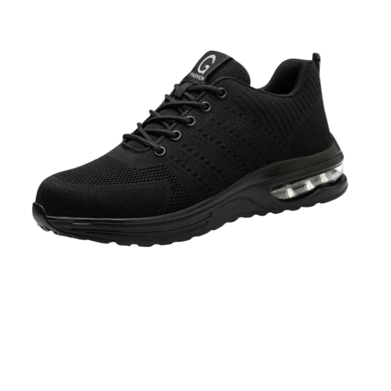 Schwarzer Sneaker mit Luftpolstersohle, atmungsaktivem Mesh-Obermaterial und Schnürung. Ideal für Sport und Freizeit. Herren Laufschuh.