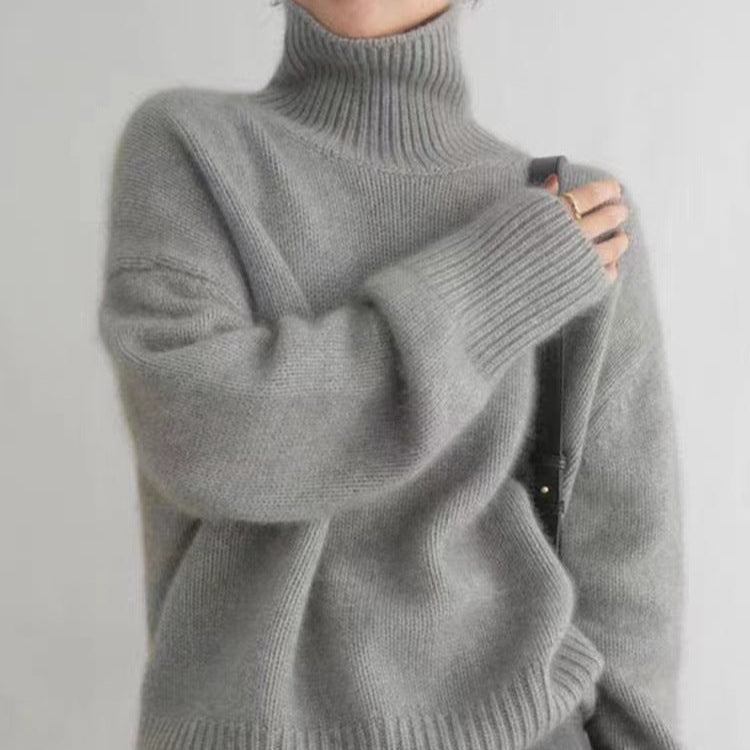 Damen Herbst Rollkragenpullover Dick Gestrickt Langarm Unifarbener Pullover