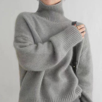 Damen Herbst Rollkragenpullover Dick Gestrickt Langarm Unifarbener Pullover