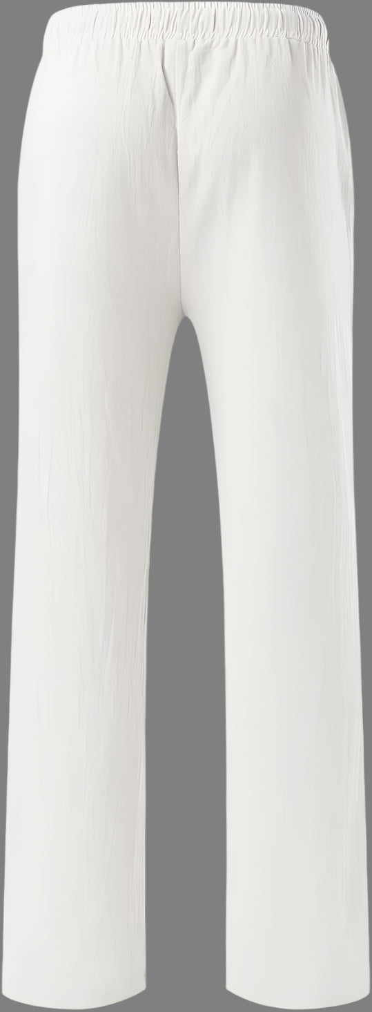 Weiße Damenhose mit elastischem Bund, gerade geschnitten. Bequeme Sommerhose aus leichtem Stoff, ideal für Freizeit und Alltag.