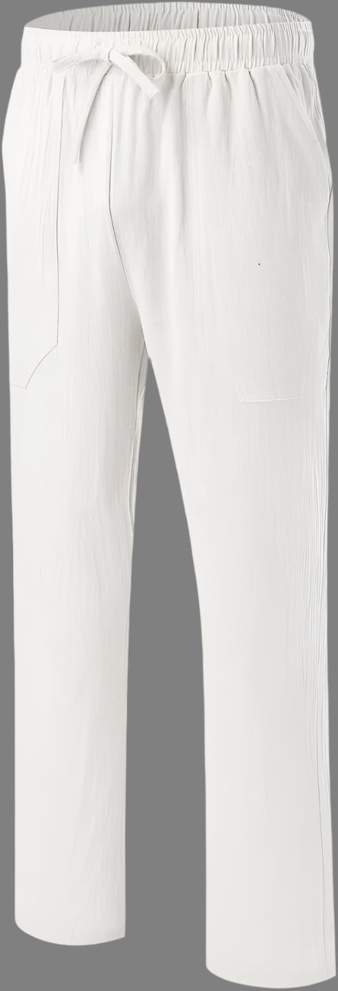 Weiße Herren-Jogginghose mit elastischem Bund und Kordelzug, aus leichtem Stoff. Bequeme Sporthose für Fitness und Freizeit.