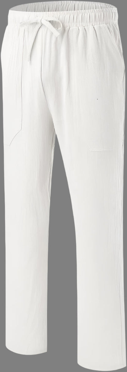 Weiße Herren-Jogginghose mit elastischem Bund und Kordelzug, aus leichtem Stoff. Bequeme Sporthose für Fitness und Freizeit.