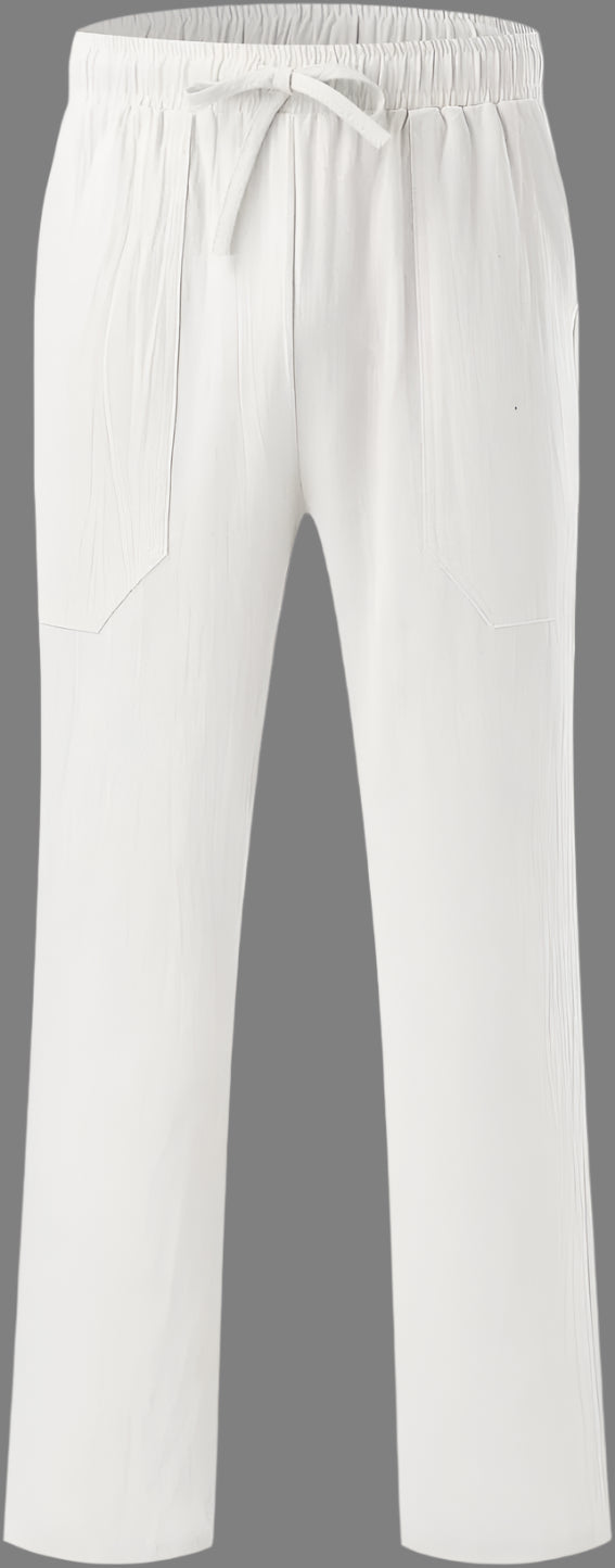 Weiße Leinenhose mit elastischem Bund und Kordelzug, gerade geschnitten. Ideal für Sommermode, lässiger Stil, atmungsaktives Material.