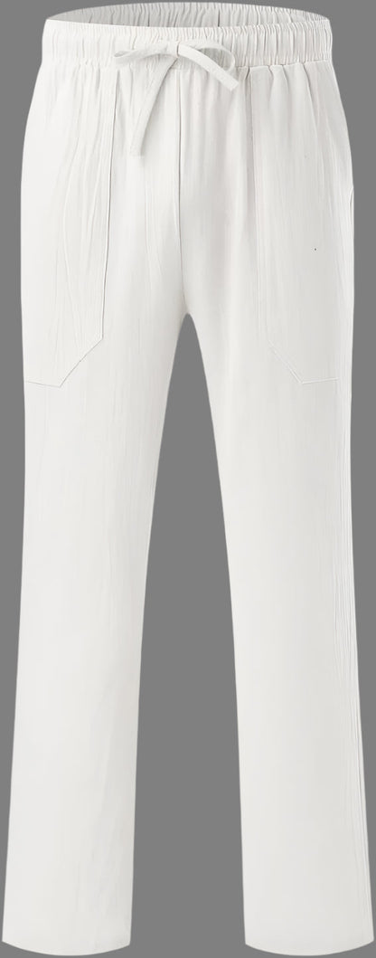 Weiße Leinenhose mit elastischem Bund und Kordelzug, gerade geschnitten. Ideal für Sommermode, lässiger Stil, atmungsaktives Material.