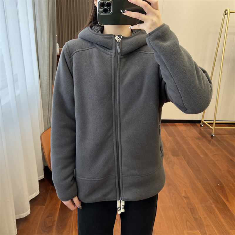 Frauen Winter Polar Fleece Hoodie Doppelseitige Dicken Reißverschluss Langarm