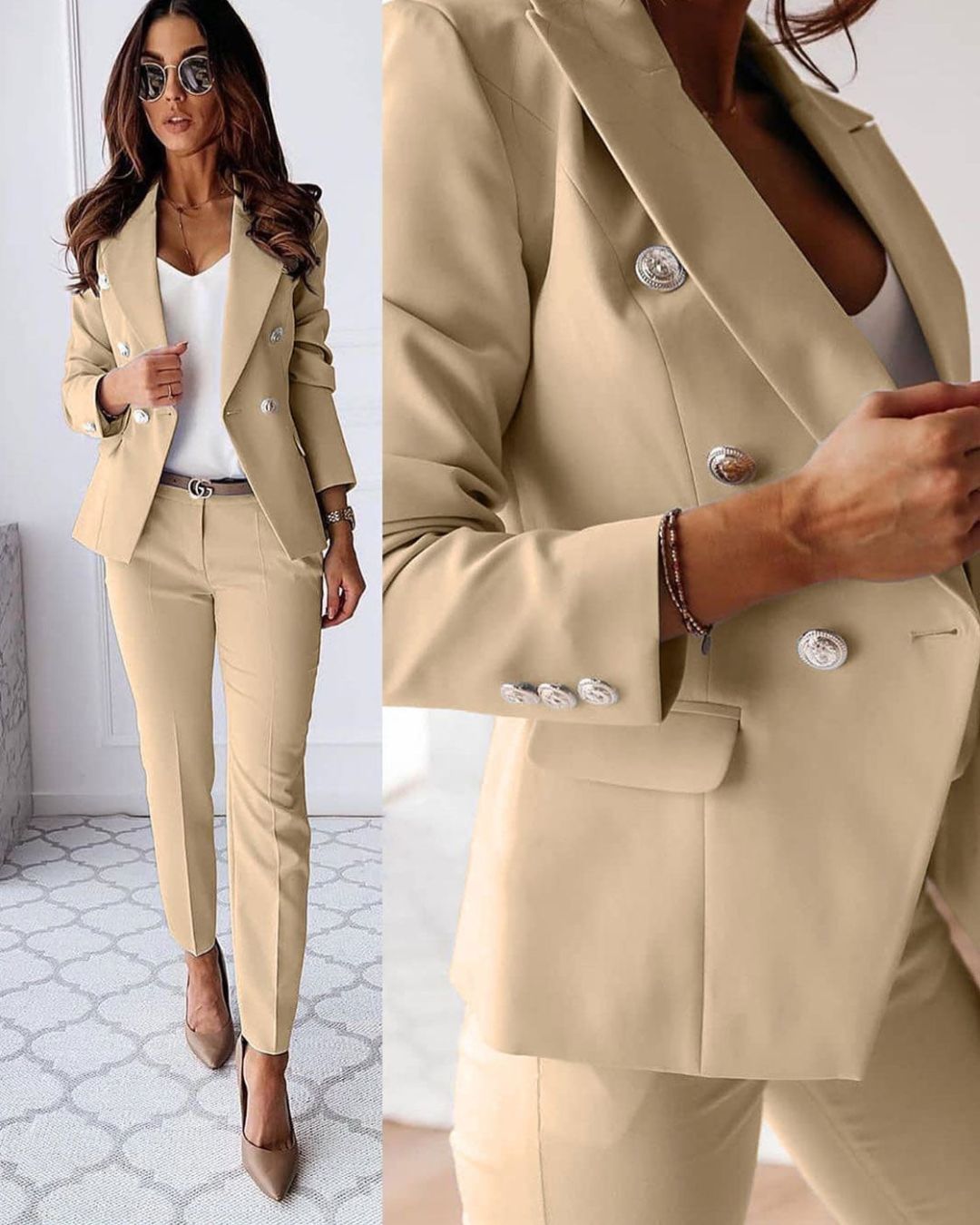 Damen Zweiteiliger Anzug mit Doppelreihigem Blazer und Gerade Geschnittenen Hosen