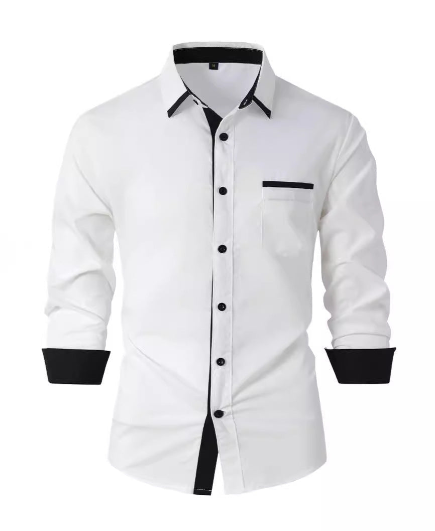 Weiße Herrenhemd mit schwarzen Knöpfen und Kontrastdetails an Kragen und Manschetten, elegantes Design, ideal für formelle Anlässe.