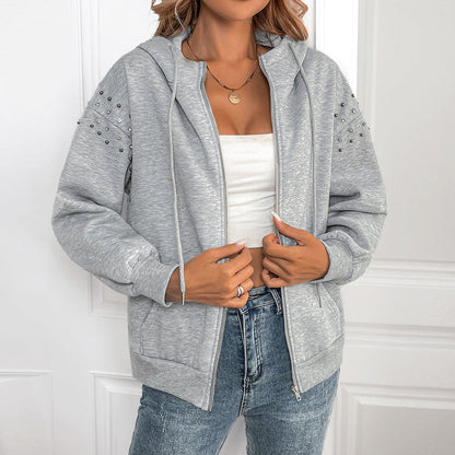 Damen Herbst Kapuzen-Strickpullover mit Perlendetails, Langarm und lockerer Passform in Hellgrau