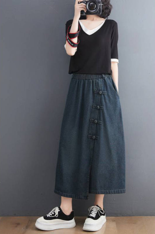 Damen Sommer-Jeansrock mit Retro-Schnallendetail in Marineblau