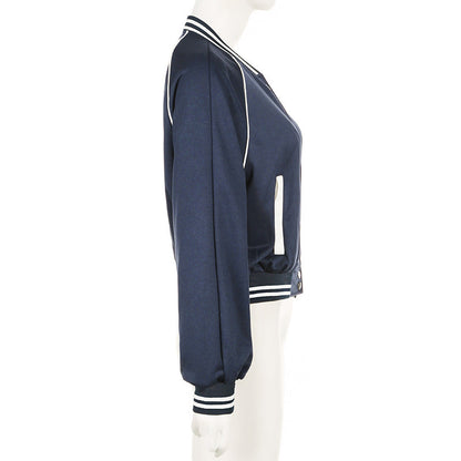 Damen Herbst Baseballjacke mit lockerer Passform, Knopfleiste, Stehkragen und blauem Patchwork