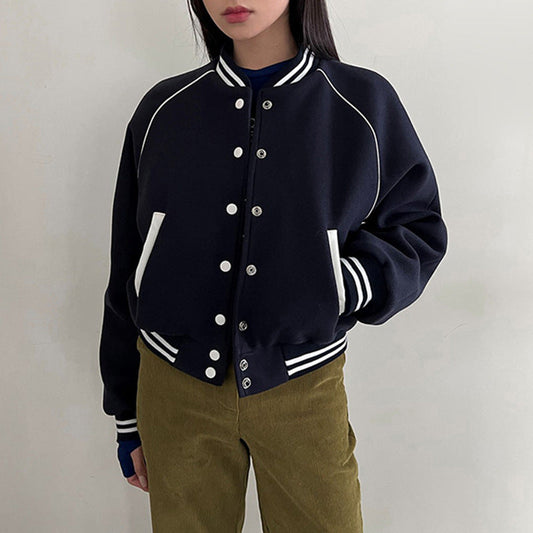 Damen Herbst Baseballjacke mit lockerer Passform, Knopfleiste, Stehkragen und blauem Patchwork