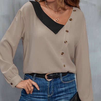 Damenbluse mit asymmetrischem Kragen, Knopfleiste und langen Ärmeln in Beige. Modisches Design, ideal für Büro und Freizeit.