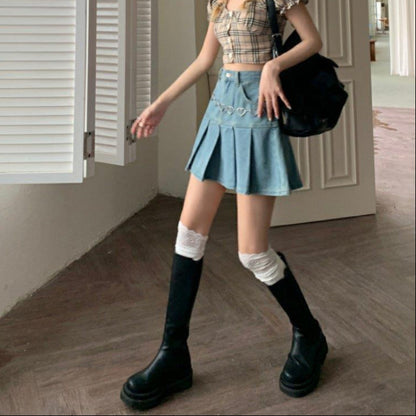 Damen Frühjahrs-Minirock mit hohem Bund und Falten-Design aus Denim