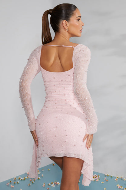 Damen Herbstkleid mit Perlenbesatz langen Ärmeln und eleganten Details für den Abend