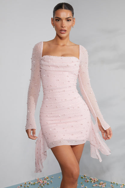 Damen Herbstkleid mit Perlenbesatz langen Ärmeln und eleganten Details für den Abend
