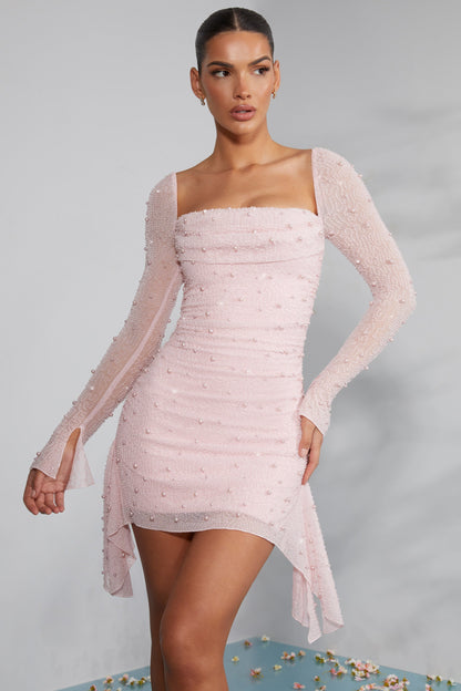 Damen Herbstkleid mit Perlenbesatz langen Ärmeln und eleganten Details für den Abend