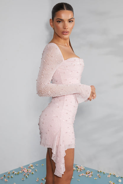 Damen Herbstkleid mit Perlenbesatz langen Ärmeln und eleganten Details für den Abend