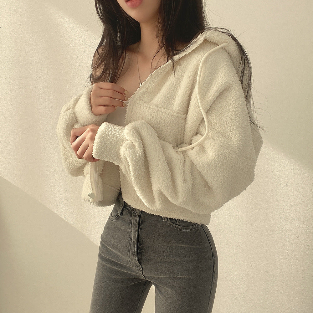 Damen Herbst Kapuzenpullover Lockere Passform Lammstruktur Langarm
