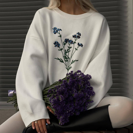 Damen Herbstpullover mit Rundhalsausschnitt, Blumenstickerei, regulärer Passform und langen Ärmeln in Weiß