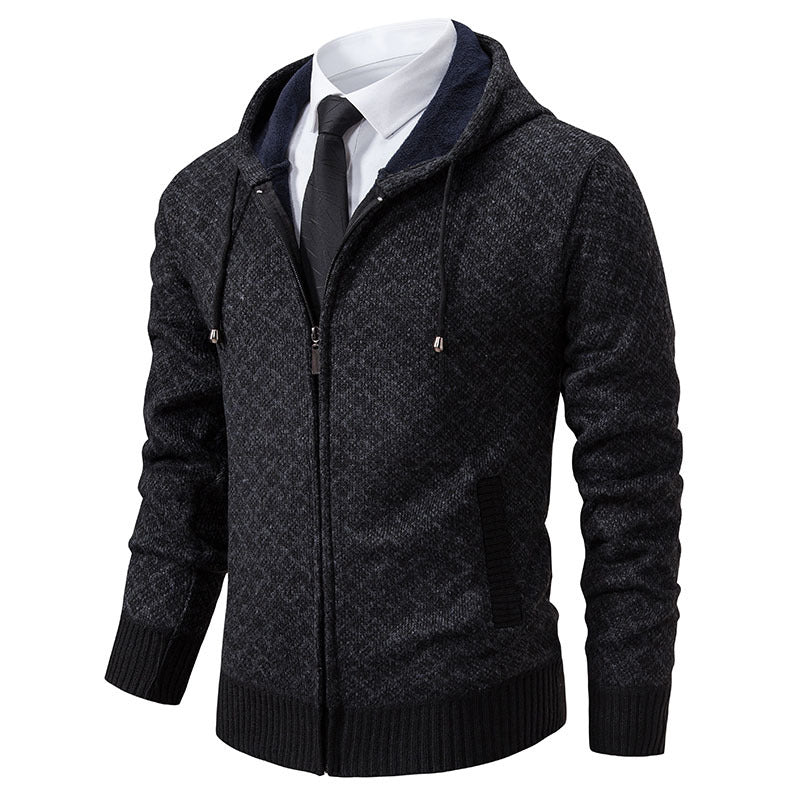 Dunkelgrauer Herren-Hoodie mit Reißverschluss, kombiniert mit weißem Hemd und schwarzer Krawatte. Stilvolle Freizeitmode für Männer.