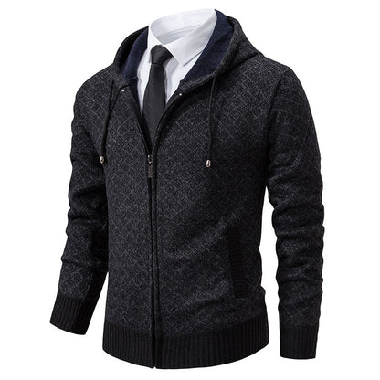 Dunkelgrauer Herren-Hoodie mit Reißverschluss, kombiniert mit weißem Hemd und schwarzer Krawatte. Stilvolle Freizeitmode für Männer.