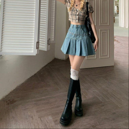 Damen Frühjahrs-Minirock mit hohem Bund und Falten-Design aus Denim