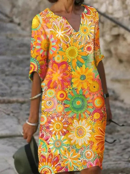 V-Ausschnitt Blumenkleid mit kurzen Ärmeln für Damen | Ideal für den Sommer