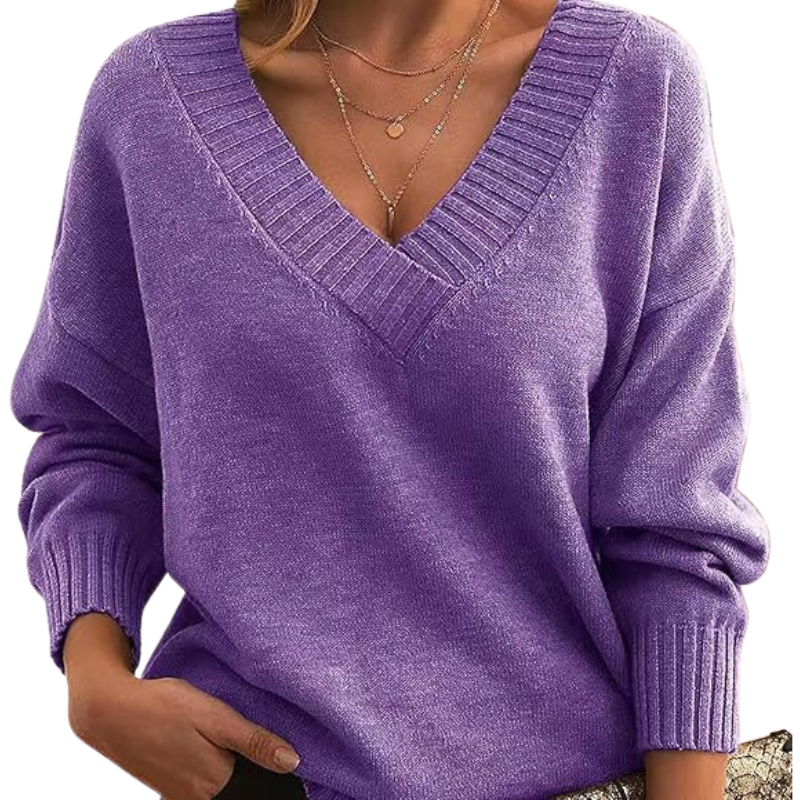 Damen Winterpullover mit V-Ausschnitt, einfarbig und langen Ärmeln